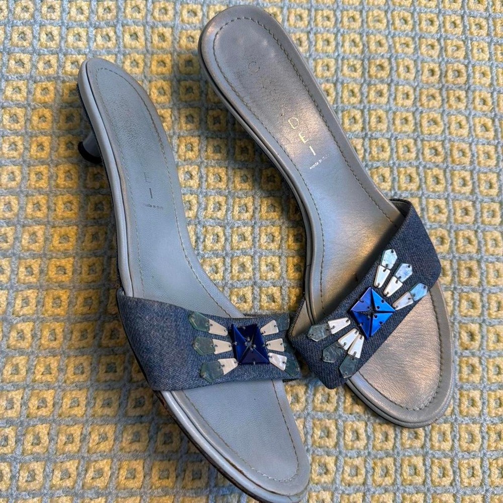 Casadei Blue Denim Beaded Kitten Heel Mules Vintage Italy 39 9